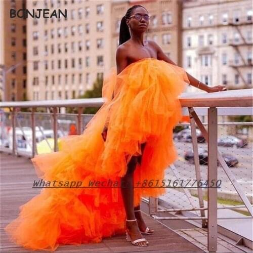 Orange Evening Dress 2021 Sexy High Low Sleevesless Floor Length Organza Formal Evening Gown for Women