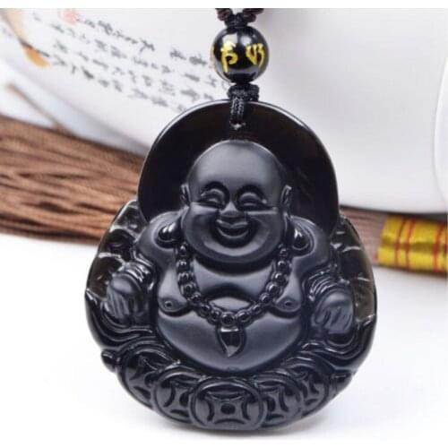 100% Natural obsidian hand carved Buddha lucky amulet pendant Beads necklace