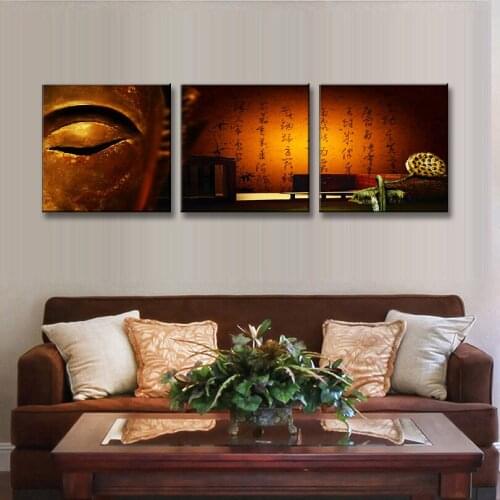 3 Pcs/Set Abstract Water Lilies and Sutra Brown Wall Art Still Life Buddha Eyes Painting On Canvas Unframed for Office Decor
