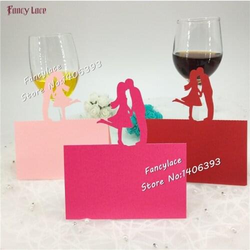 50 Pcs Wedding Laser Cut Bridegroom& Bride Party Favor Seat Place Cards pearl Hollow Out Boy & Girl Wedding Table Name Cards