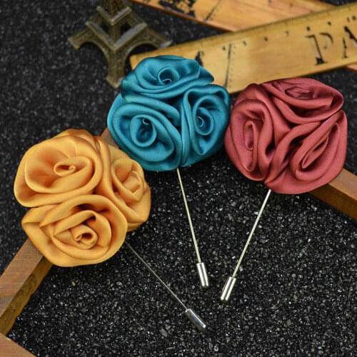 Free shipping , 20 pcs/lot , Mens Satin Rose Flower Wedding Boutonniere Grooms Lapel Pin Brooch Groomsmen