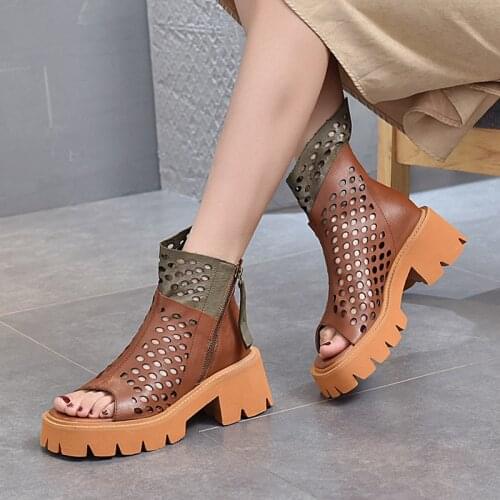21 new Genuine Leather sandals thick-soled womens sandals thick heel side zipper retro color matching summer short boots women
