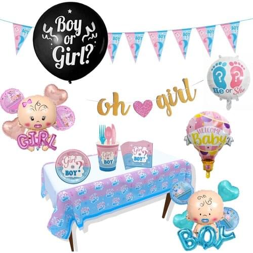 Gender Reveal Pink Blue Birthday Party Paper Plate Cup Disposable Tableware Happy Birthday Balloons Banner Decorations Supplies
