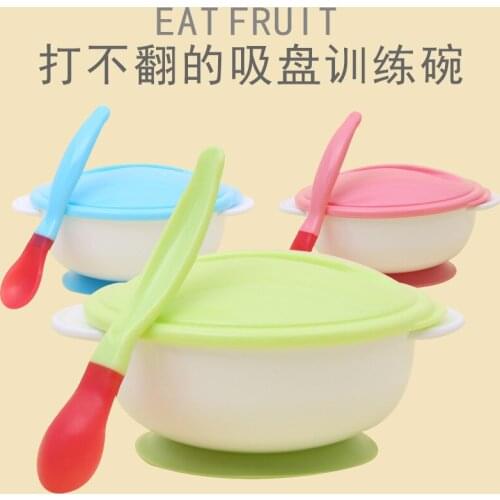 Baby non-slip ear suction wall bowl baby sucker bowl with lid with color spoon training bowl baby tableware Baby Dishes