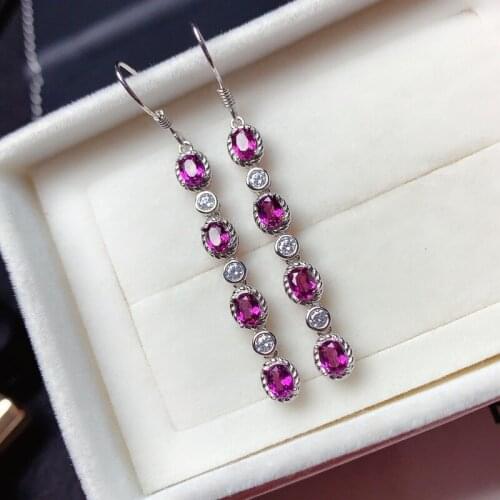 Long Romantic Beautiful Clasp Earring Brazil Rhodolite Garet 925 Sterling Silver Fine Jewelry for Women Girls Gift