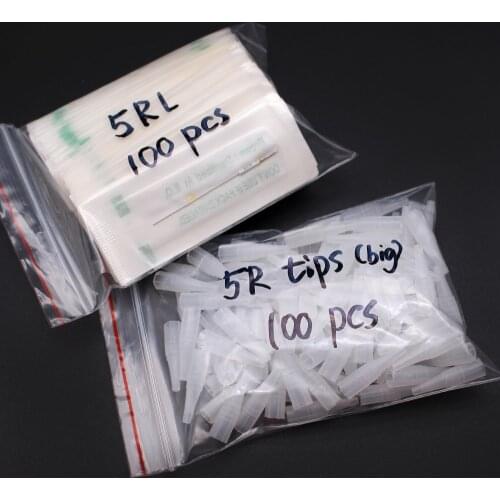100Pcs 0.35*50mm 5RL Needles and 100Pcs 5R Needle Tips For Permanent Makeup Eyebrow Eyeline Lips Tattoo