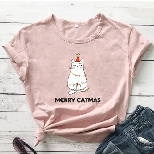 Kawaii Merry Catmas 100% Cotton T-shirt Funny Cat Mom Christmas Tshirt Winter Women Short Sleeve Graphic Holiday Gift Tops Tees