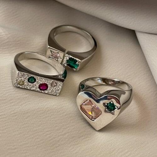 Korean Love Heart Pink Green Zircon Beads Inlaid Finger Rings For Women Hip Hop Stylish Personality Girl Gift Jewelry
