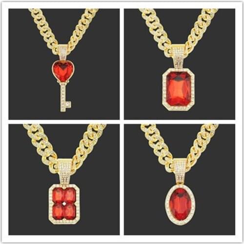 Square Oval Heart Ruby Pendant For Men Women Hip Hop Necklace Jewelry With Iced Out Cuban Chain 20 Inch
