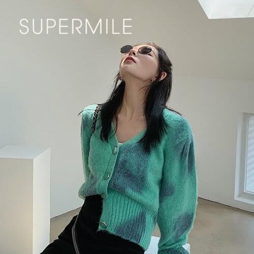 2021 New Women Cardigan Sweater Knitted Long-Sleeved Spearmint Print Tie Dye Navel Tops V-Neck Chic Cashmere Knitwear Spring