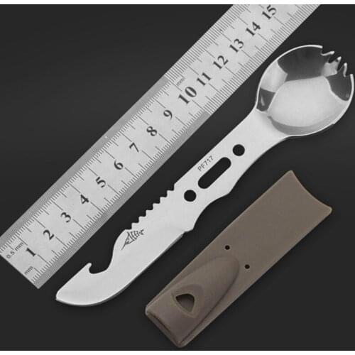 New products cheap multi-functional outdoor camping tool knife Four color, fork, spoon, whistles, bottle opener