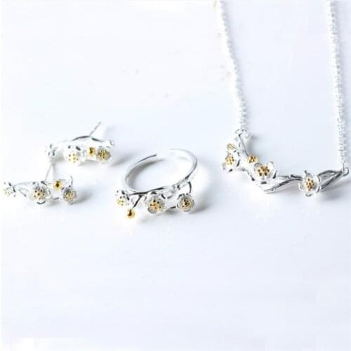 Charm Cherry Blossoms Earring Rings Set For Women Jewelry Fashion 925 Silver Necklace Girl Princess Party Accessories Lady Bijou
