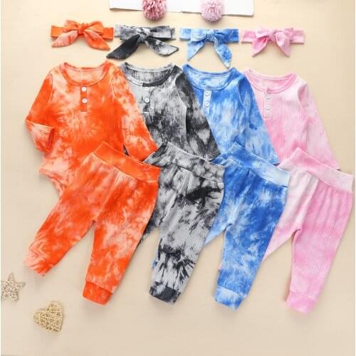Fall Infant Baby Tie-Dye 3pcs/Set Kids Girls Boys Long Sleeve Romper + Long Pants Headband Casual Outfits 0-2Y