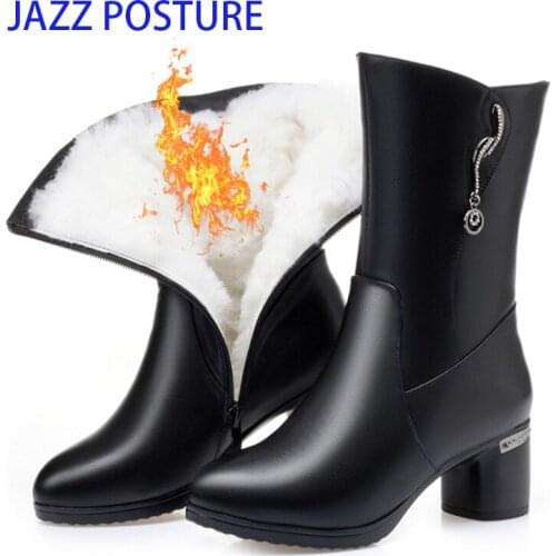 Wool Women Warm Platform for Snow Boots Fur Warm Shoes Plush Mid-Cal Boots Thick Bottom Women Genuine Leather Winter Boots w314