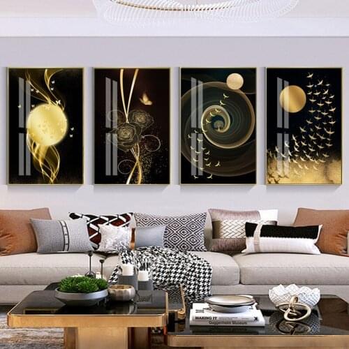 Modern Chinese Starry Sky Golden Line Flying Bird Poster Printing Abstract Canvas Artist Home Decorative Painting Frameless
