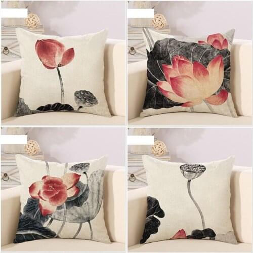 Traditional Chinese Ink Painting Lotus Cushion Pillow Sofa Throw Pillowcase Decorate Retro Linen Cushion Cover Capas De Almofada