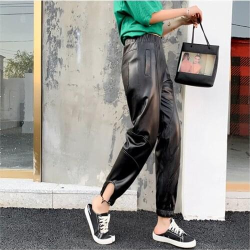 New Genuine Trousers Ladies Streetwear Elastic Waist Real Leather Lambskin Harem Loose High Quality Plus Size Pant