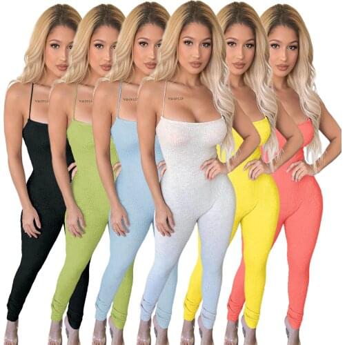 2021 Women Solid Threaded strap Playsuit Sexy Sleeveless Backless Elastic Bodycon jumpsuits Casual Tracksuit overalls