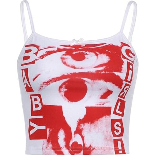 Womens Spaghetti Strap Crop Top Harajuku Red Abstract Eyes Letters Print Graphic Camisole Slim Sleeveless Vest Shirts