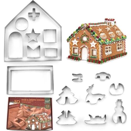 18pcs/set Stainless Steel 3D Christmas Cookie Mould House Scenario Cutters Cake Cookie Mold Fondant Cutter DIY Baking Tools