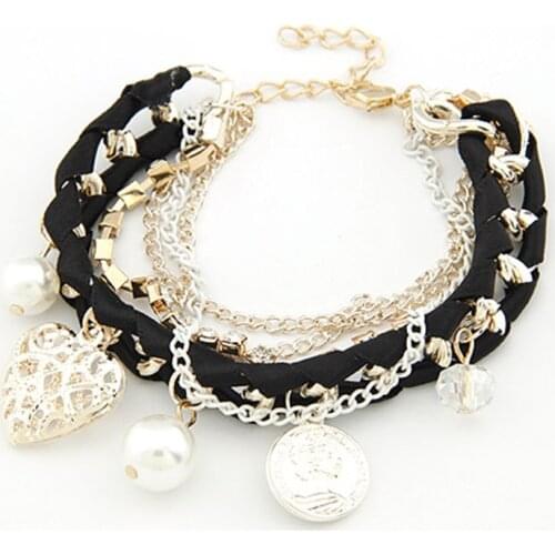 5 Colors Ribbon Bands Crystal Medal Hollow Heart Simulated Pearl Pendant Many Chains Golden Bracelets for Women