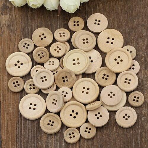 50 pcs Natural Color Wooden Buttons handmade round shape and 4-holes wood button craft DIY baby apparel accessories пуговицы