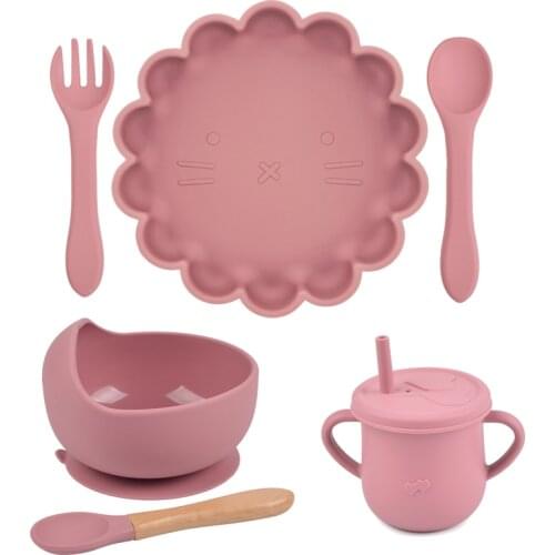 6Pcs/set Baby Silicone Plate Sippy Cup Sets BPA Free Waterproof Spoon Non-Slip Feeding Dishes for Baby Silicone Bowl Tableware