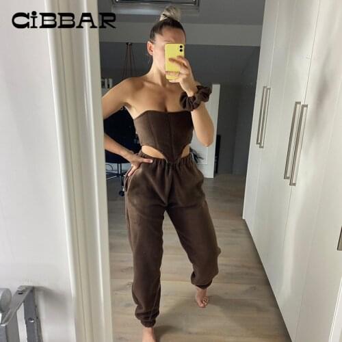 CIBBAR Sexy Casual Brown Two Piece Sets Women Strapless Corset Top And Elastic Long Pants Matching Outfits Slim Solid Streetwear