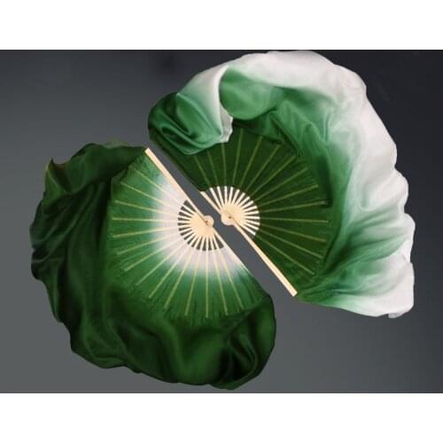 Double side Ink-Green gradient 100% Real Silk Fans Veils Chinese Style Silk Dance Props Fans 1pair (1L+1R) Customized Sizes