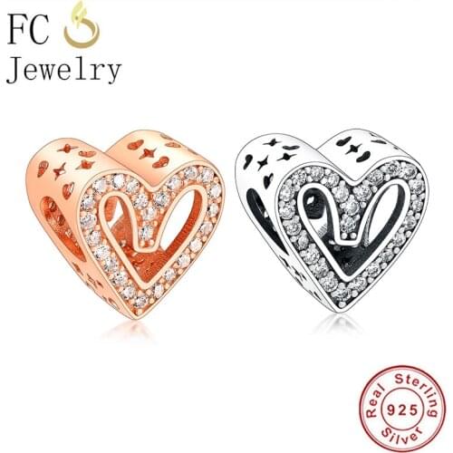 FC Jewelry Fit Original Brand Charm Bracelet Authentic 925 Silver Rose Gold Heart Zirconia Beads Women Making Berloque 2020