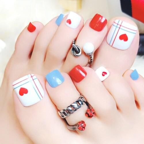 Wholesales 24Pcs Lots False Nails with glue Red Love Flower Black White Striped Designs short Nail Art Girls Artificial Toenail