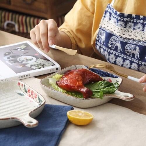 LingAo Japanese style tableware baking tray Ceramic cheese baking tray creative long handle single handle plate household dish p