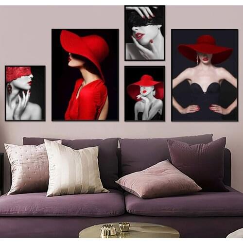 Fashion Women Hat Earrings Sexy Red Lips Wall Art Canvas Painting Nordic Posters And Prints Wall Pictures For Living Room Decor