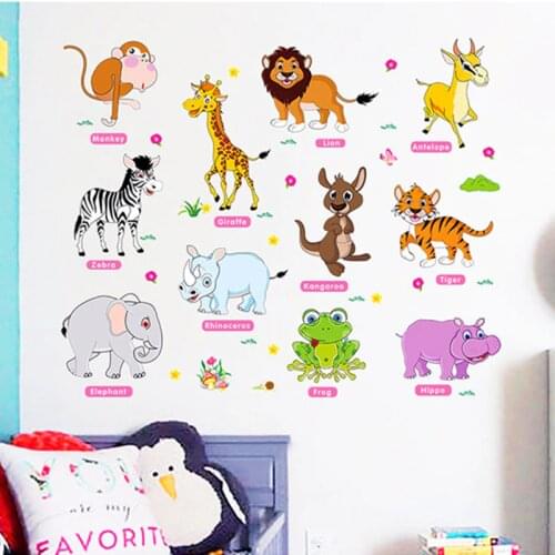Cartoon Animal Wall Decals Wallpaper Kindergarten Decorations Kids Room Art Wall Stickers Quality PVC Mural Refrigerator Sticker