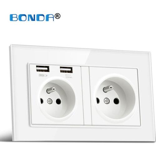BONDA Wall USB Power Socket French Standard Bedroom 110V-250V 16A Wall Embedded Double USB Outlet Crystal Tempered Glass Panel