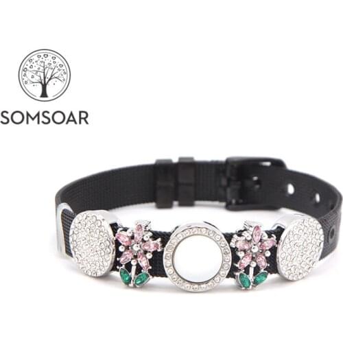 Dropshipping Somsoar Jewelry Black Mesh Stainless Steel Bracelet set with Beautiful Flower Slide Charms as gift