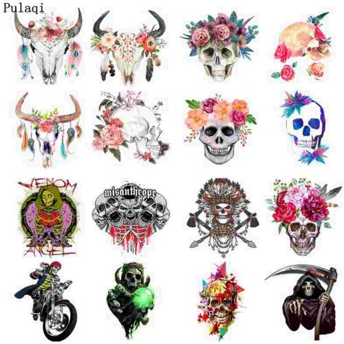 Pulaqi Skull Locomotive Iron on Transfer Heat Vinyl Transfer Patches for Clothes Stranger Things Stripes Thermal Ironing Sticker