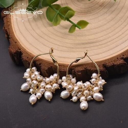 GLSEEVO Natural Freshwater Pearl White Hoop Earrings For Woman Weddings Original Design Handmade Fine Jewelry GE0993A