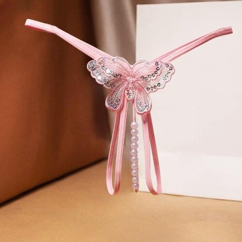 Open slit hot G-String pearl massage sexy womens underwear sexy sequin embroidery transparent mesh low waist T pants