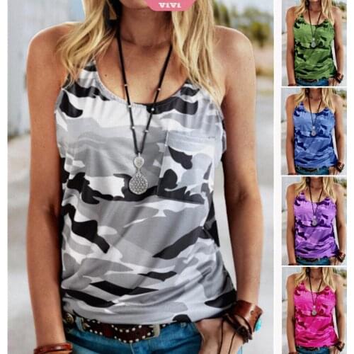 Womens T-shirt Crew Neck Camouflage Pocket Casual Pullover Vest T-shirt Lady
