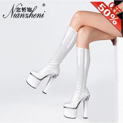 19cm thigh high boots chunky heels platform women winter shoes stivali donna white vestidos de fiesta de noc new 8 inch models