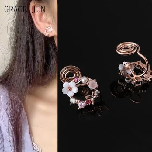 GRACE JUN Korea Style Clip on Earrings Without Pierced for Women Luxury Fashion Party Birthday Fashion Butterfly Flower Ear Clip