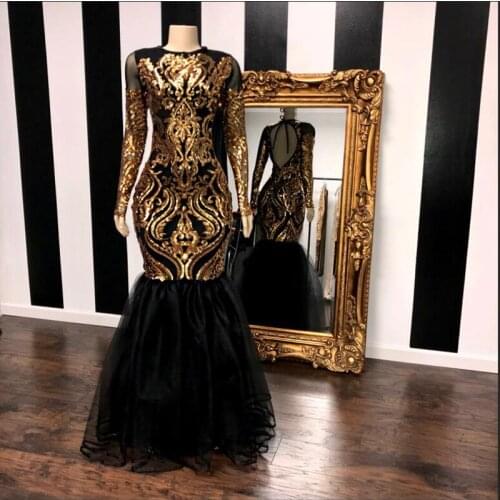 African Black Girl Mermaid Prom Dresses 2020 Long Sleeve Boat Neck Gold Sequin Open Back Real Sample Floor Length Prom Dress