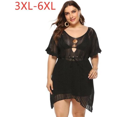2021 new summer plus size sweater dress for women large slim casual short sleeve hollow out V neck dresses black 4XL 5XL 6XL 7XL