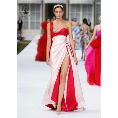 2020 Fashion One Shoulder Beaded Pleated Thigh Slit Straight Floor Length Pink and Red Prom Dresses