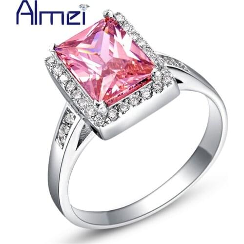 Almei 5%Off 2017 Love Wedding High Quality Big Silver Color Pink Zirconia Ring Women with Crystal Square Engagement Jewelry J427
