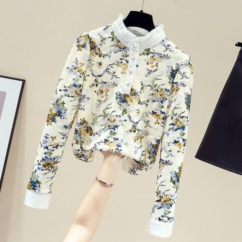 Blouse Women Blusas Mujer De Moda 2021 Winter Clothes Women 2021 Long Sleeve Stand Collar Print Lace Blouse Shirt Tops Blusa E18