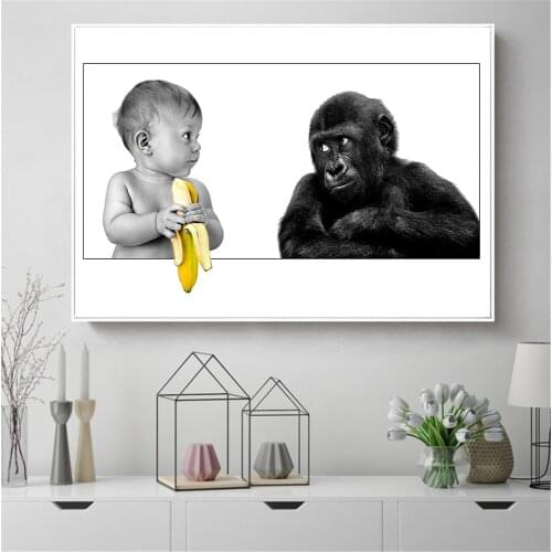 Black White Wall Art Pictures Funny Humor Monkey Baby Banana Poster Canvas Painting Modern Minimalist Scandinavian Decoration