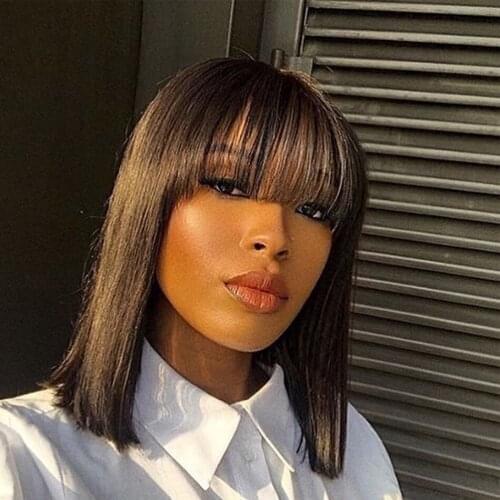 Black Bob Wig with Fringe Brazilian Hair Short Bob Wig for Women Straight Human Hair Wigs with Bangs 10 inches Natural Black