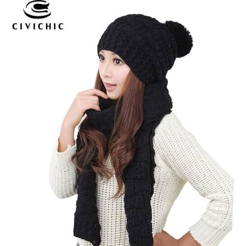 CIVICHIC Hot Fashion Woman Autumn Winter Thicken Scarf Hat 2 Pieces Set Elegant Crochet Warm Knitted Shawl Pompon Beanies SH117